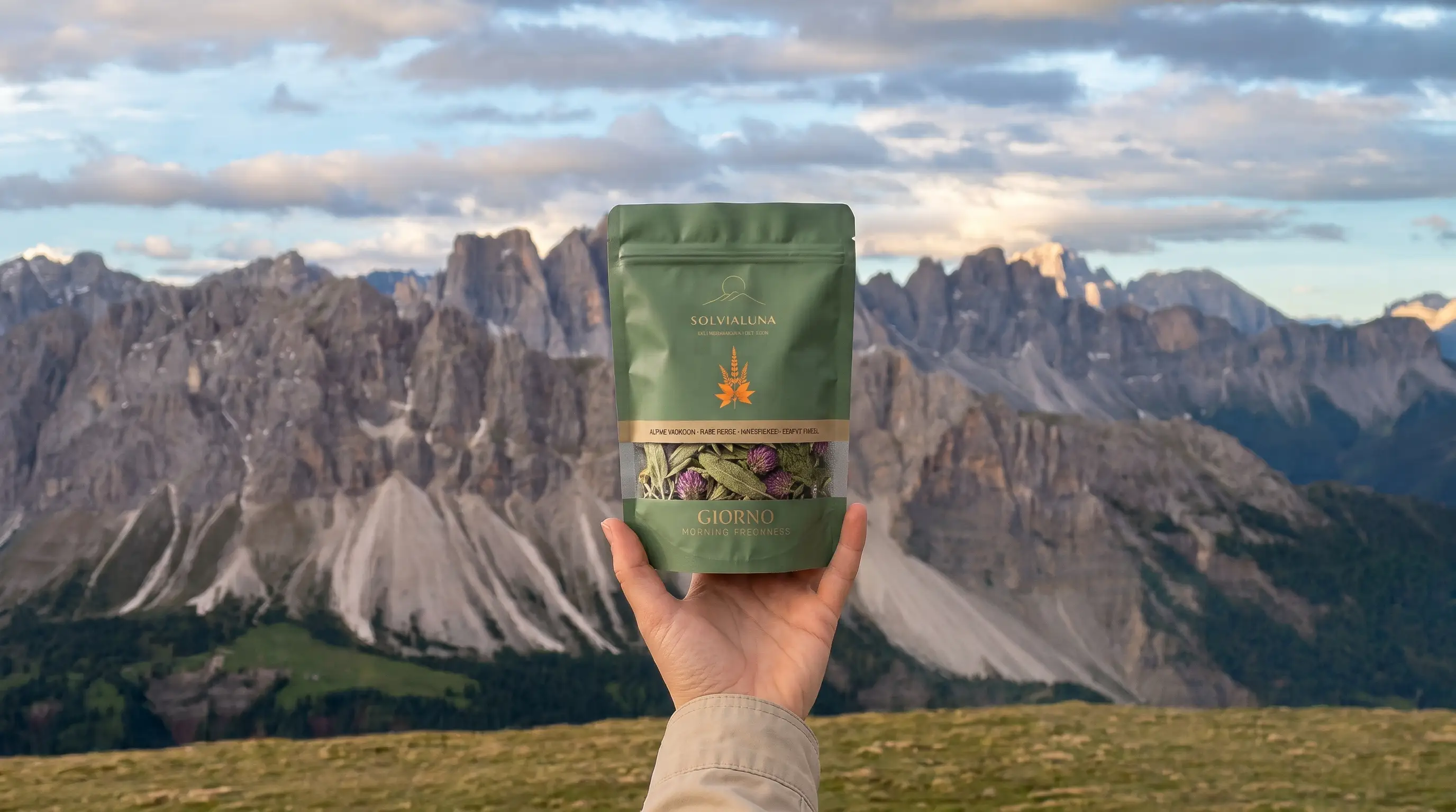 Hand hält Solvialuna Giorno Tee vor dem Bergpanorama der Plose in Südtirol